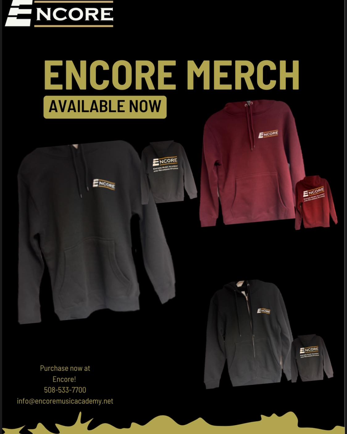 You asked, and we listened!

Encore is thrilled to announce that we now have two different styles of hoodies for sale, just in time for the holidays!!

Take your pick from zippered black hoodies, burgundy pull-over hoodies, and black pull-over hoodies, in all sizes from youth to adult.

Stay cozy this holiday season, and check everyone off your list with the purchase of an Encore hoodie; it's the gift so many of you have literally been waiting for 13 years to receive!

Available for purchase over the phone with pick-up at Encore, while supplies last!